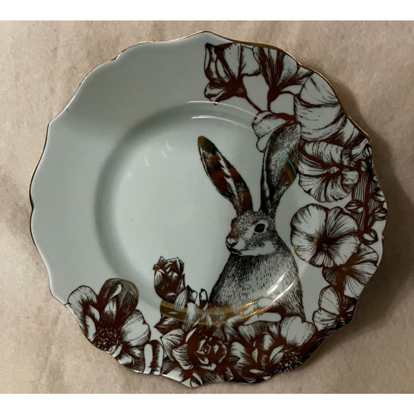 222 Fifth Bunny Hill Light Green and Gold Salad or Dessert Plate 8.5" - Picture 1 of 4